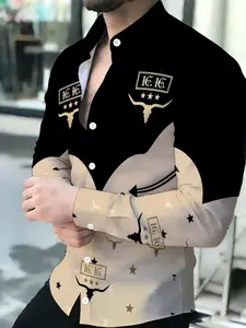 Western Style Color Block Denim Shirt, Men's Long Sleeve Casual Shirt, Fashion Printed Top