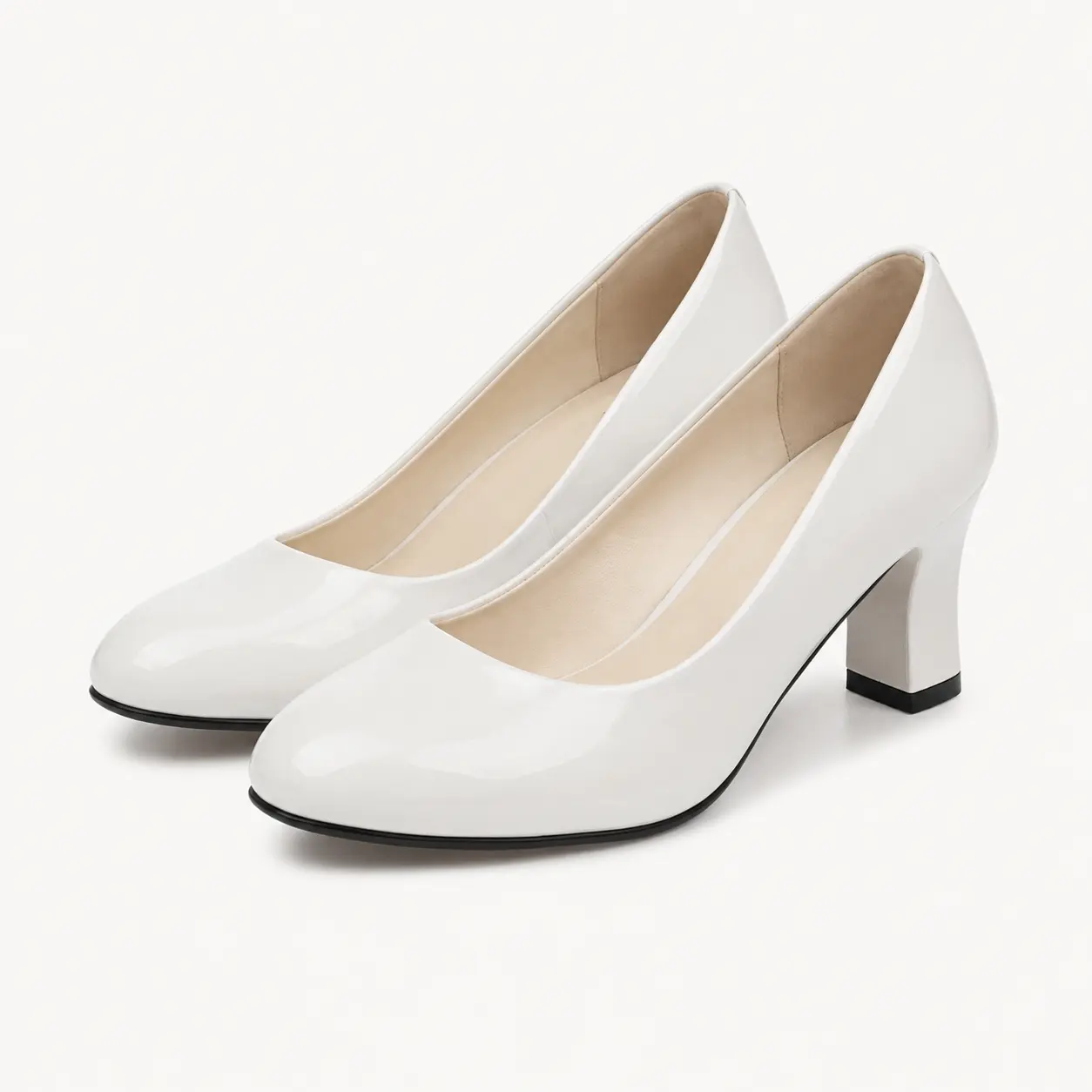 GeeYea women’s White Glossy Block Heel Shoes, Closed Round Toe High Heels with PU Leather Upper, PU Lining & PVC Sole, Elegant Office, Wedding, Date Night & Party Shoes