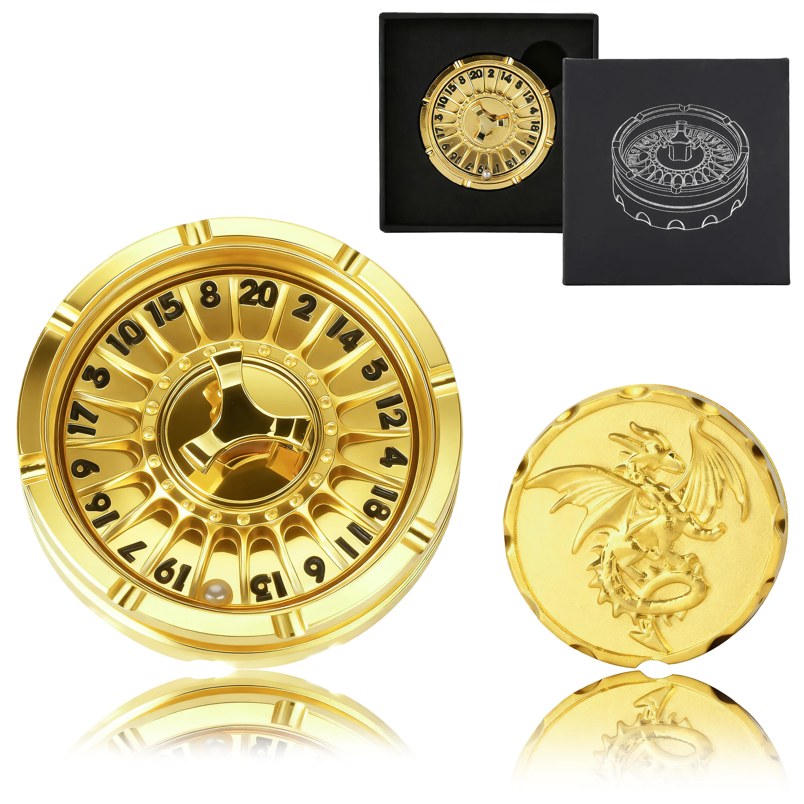 Multicolor Roulette-Style D&D Metal Spinner Dragon-Engraved D20 Dice Wheel Durable Zinc Alloy Red Numbers Black Background Ideal for Tabletop Gaming - Durability