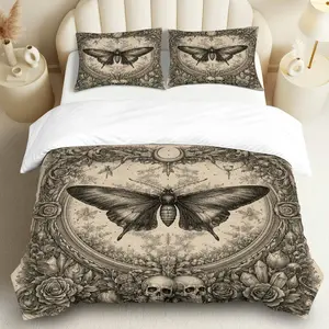 3PCS Duvet Cover Set, 1 Duvet+2 Pillowcases(Without filler), Gothic Moth Skull Rose Vintage theme, Halloween bedding set, Bohemian Gothic Vintage Bedding Suitable for decoration bedroom, guest room, dorm, lounge.