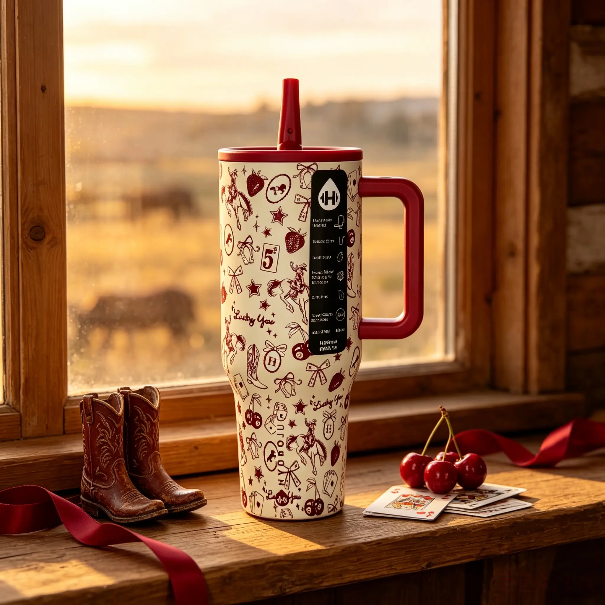 HydroJug 40oz Lucky You Cowgirl Stainless Steel Thermal Mug - 1000-2000ml, Handle, Leak-Proof Straw Lid, Anti-Scalding, Portable Drinkware Vacuum Flask, Adults' Western Lovers Gift, Kitchenware Insulated Water Bottle