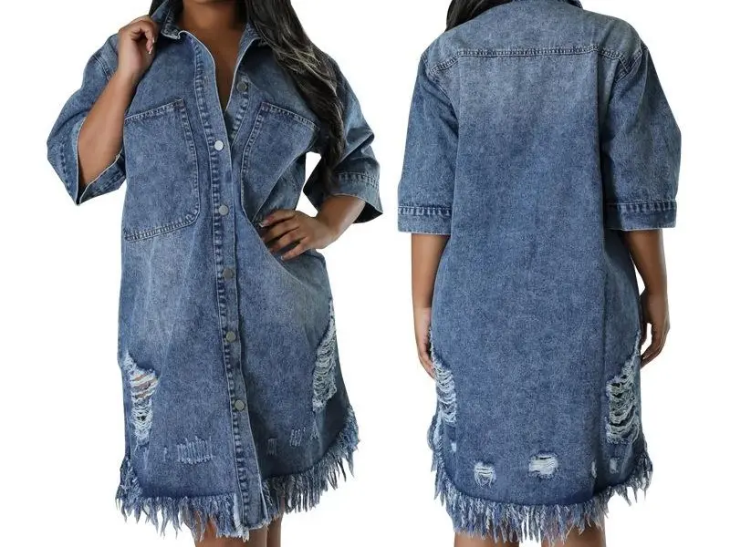Women's Cotton Blend Distressed Ripped Collared Denim Shirt Dress - Short Sleeves, Button Closure, Tassel Hem, Loose Fit, Street Chic, Mid-Length Casual Wear All Seasons Denim Jacket Outerwear