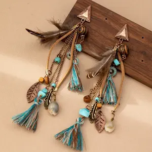Boho-Chic Vintage Feather Tassel Earrings - Alloy Perfect for Casual Attire & Gifting