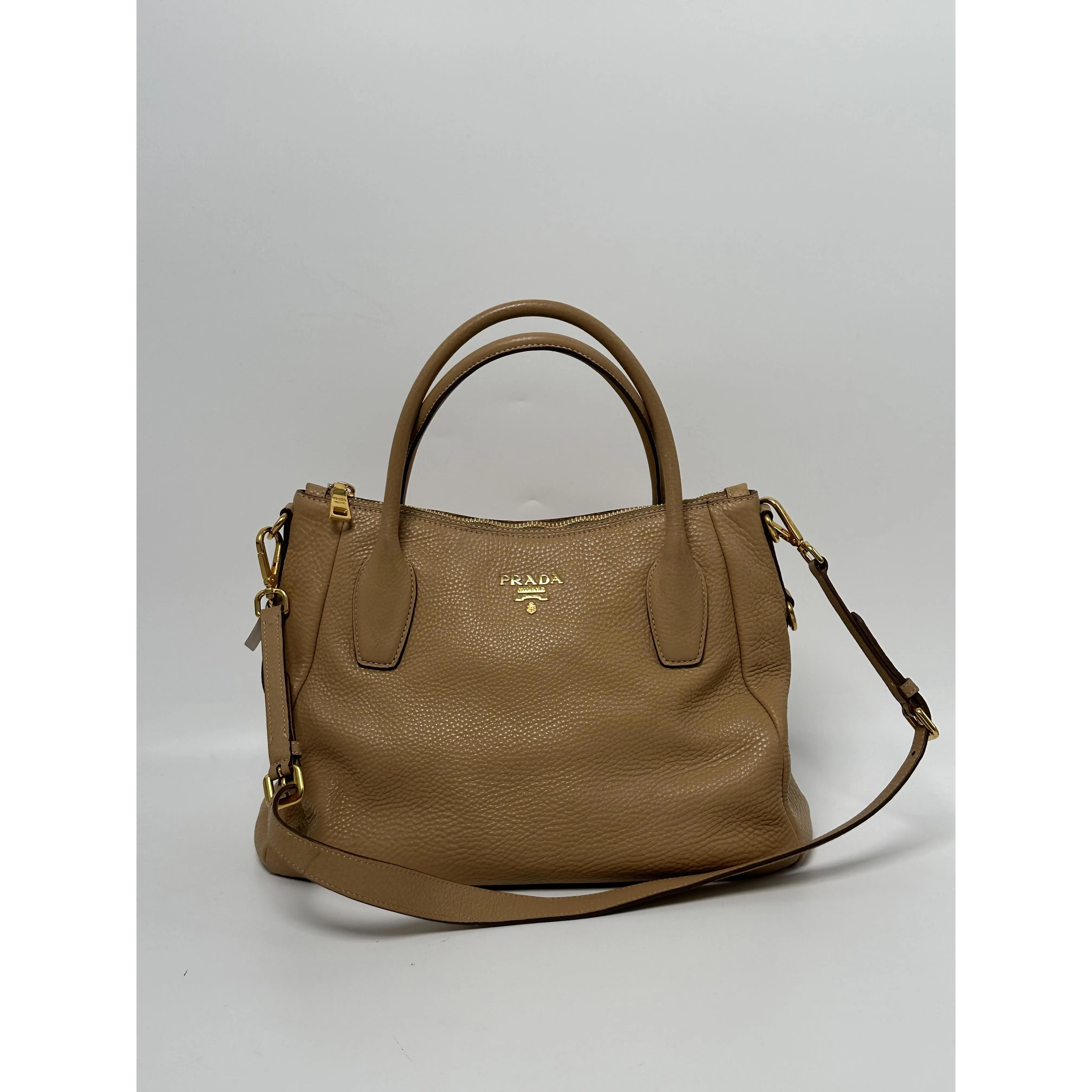 Pre-owned PRADA leather Shoulder Bags Vitello Daino Shopping Tote Beige Shoulder Bag Top Handle Handbag JA917PR