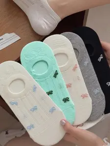 Women's Bowknot Socks Short Summer Thin Hollow Out Anti-Slip Invisible Boat Socks, Pack of 5 Pairs, Breathable Mesh Design, Womenswear
