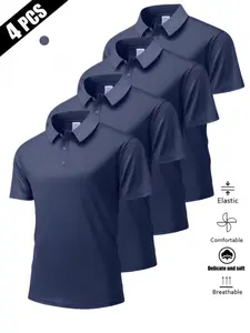 Men's 4 Pack Dark Blue Elastic Polo Shirts, Casual Commuter Style, Breathable Quick Dry Fabric, All Seasons Wear, Versatile Inner Layer
