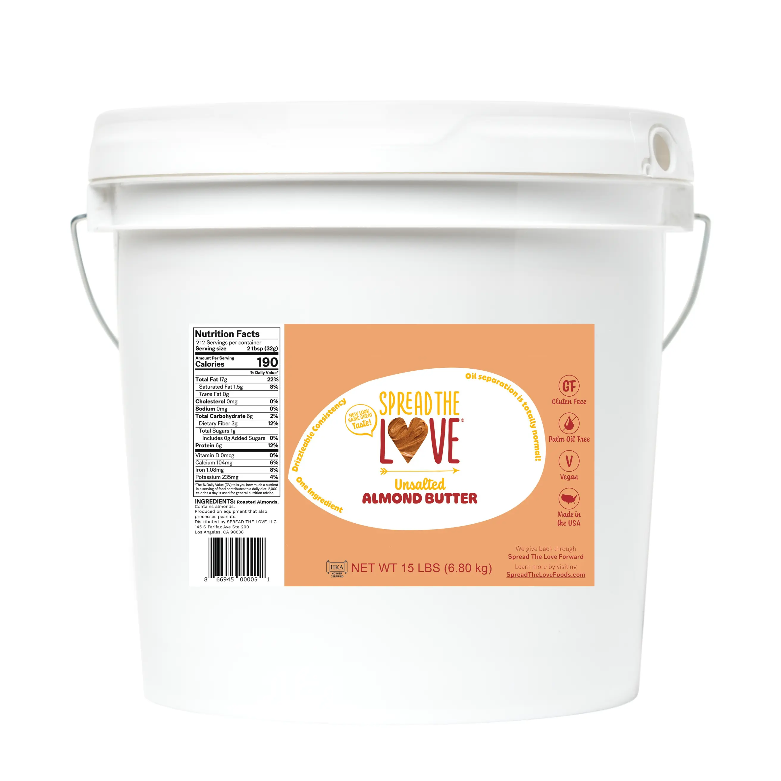 Spread The Love UNSALTED Almond Butter - 15 Pound Pail  (All Natural, Vegan, Gluten-free, Creamy, No added salt, No added Sugar, No palm fruit oil, Made in the USA)