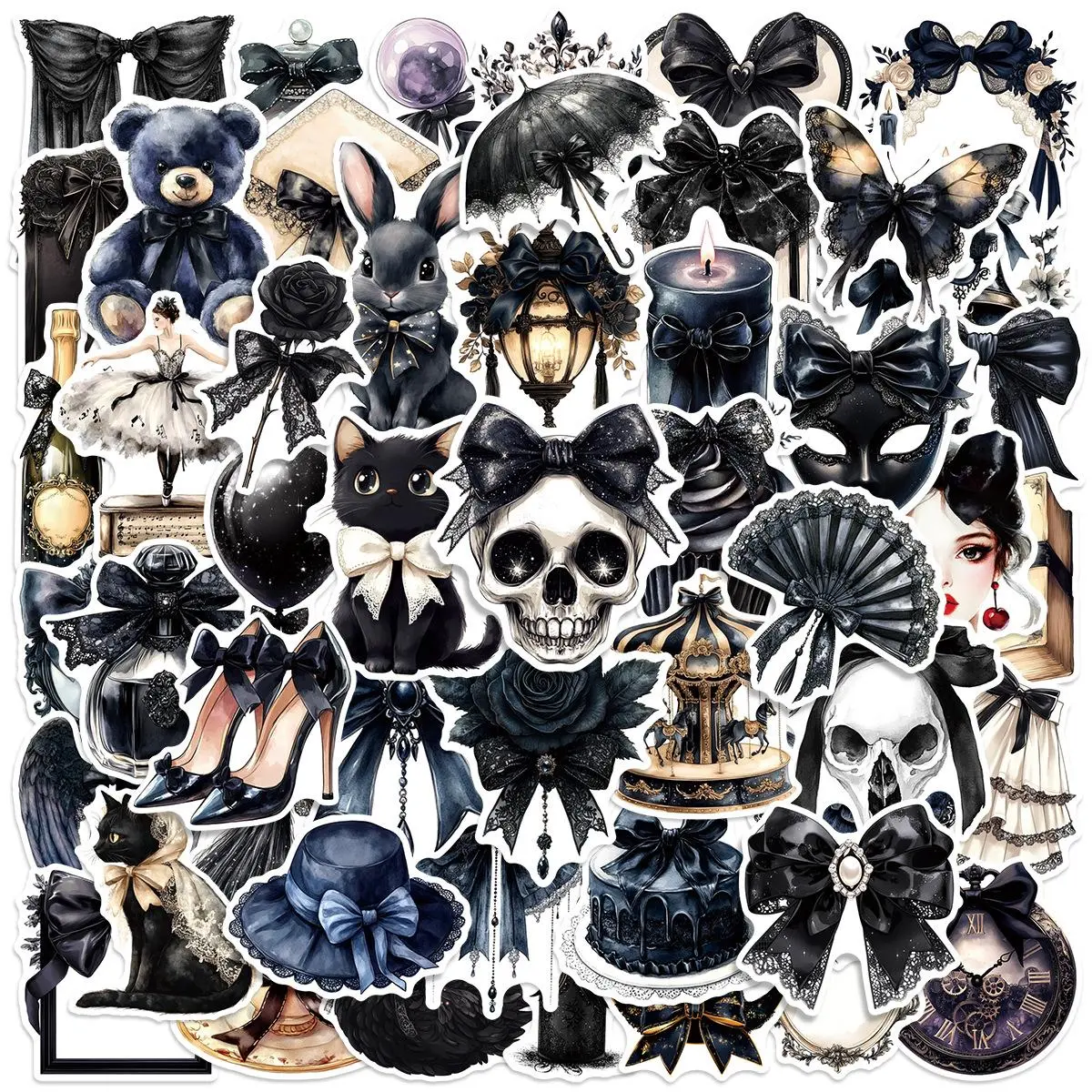 Lace Gothic Bow Series Sticker, 50pcs/set Decorative Sticker, DIY Decals for Scrapbooking, Journaling, Water Bottle, Laptop, Phone Case, Protector