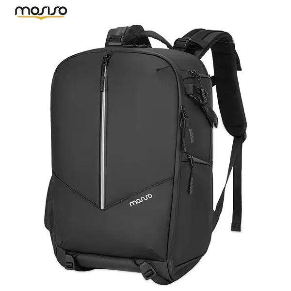 MOSISO Polyester Waterproof DSLR Backpack with 1 Handle, 16-in Laptop Compartment, Rain Cover, Customizable Inserts, Tripod Straps, Front Reflective Pocket, Shockproof for Sony A6100, Canon Nikon DSLRs, DJI Drones (Black, 18.5x11.81x9.45in Large Size)