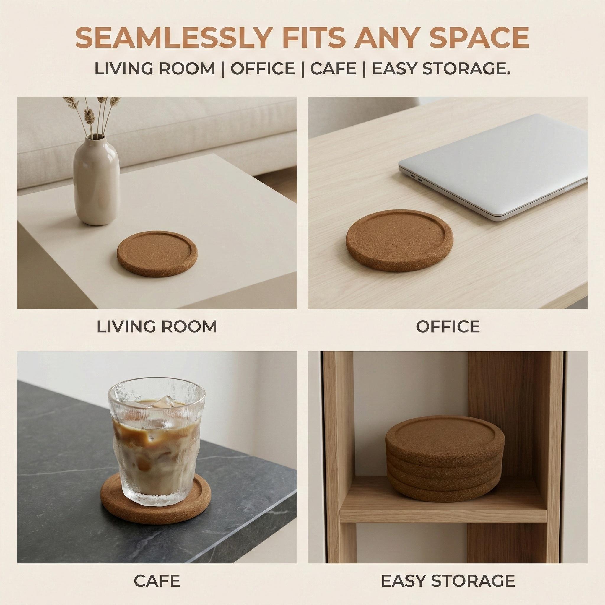 4-Piece Natural Cork Round Kitchen Coasters, Classic Tableware - Non-Slip, Heat-Insulated, Plain Finish, Rustic Look, Eco-Friendly Durable Construction, Coffee Table Mats for Dining & Outdoor Use