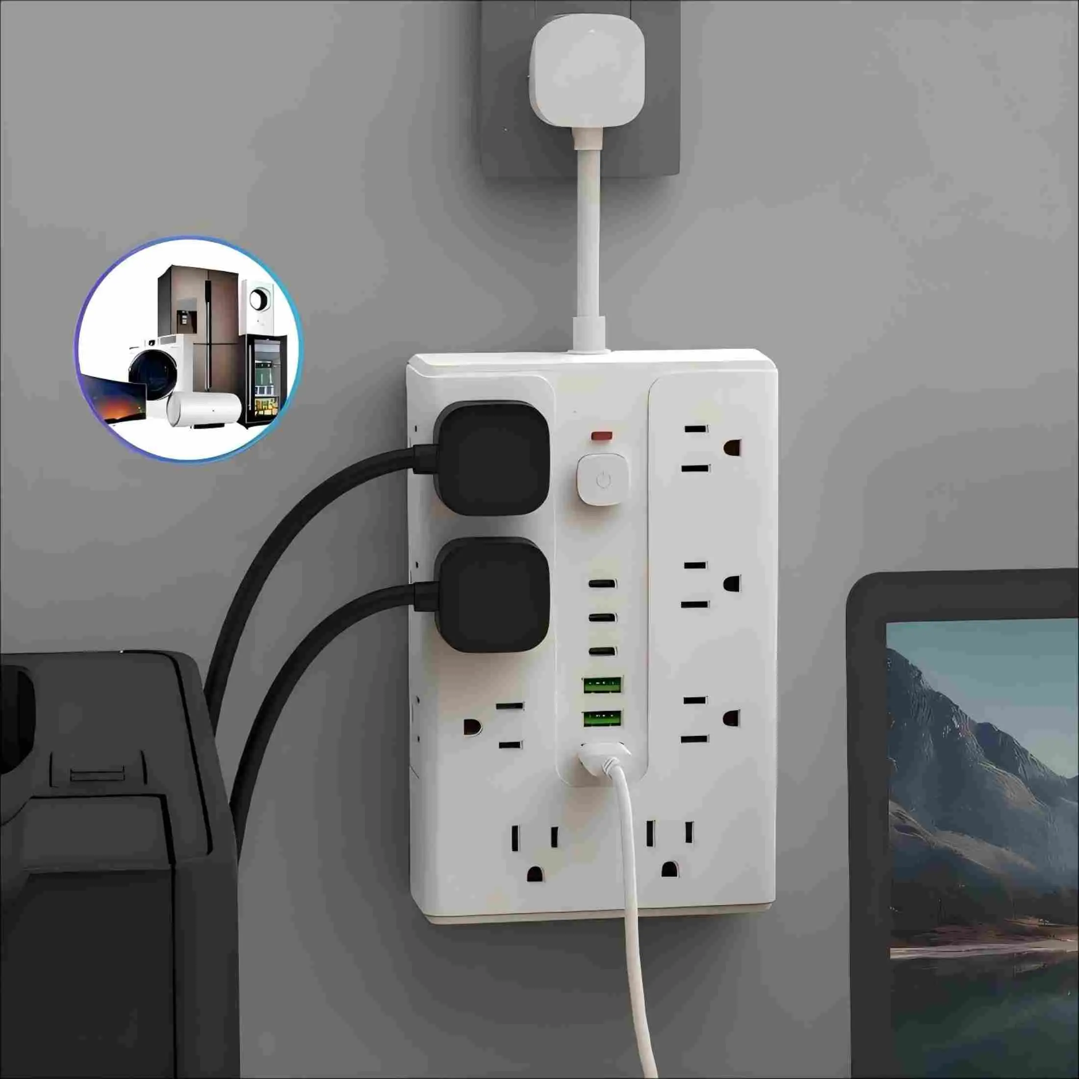 22in1 surge protector power cord with 16 sockets, 6 USB ports(3 USB C), one key switch, short wire socket, wall mounted,suitable for office, home, and travel dormitories