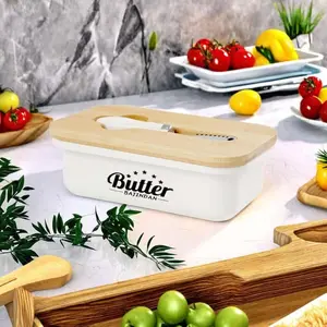 Countertop Butter Keeper, Enamel Storage Container with Double Silicone Seal & Butter Knife, Perfect Home Gift