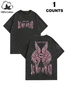 Men's Black Washed Oversized T-Shirt | "BE NOT AFRAID Luke 21:10" Seraphim Angel Eye Wings Gothic Graphic Tee | 100% Cotton Breathable Y2K Streetwear Menswear Fashion for Casual & Street Style