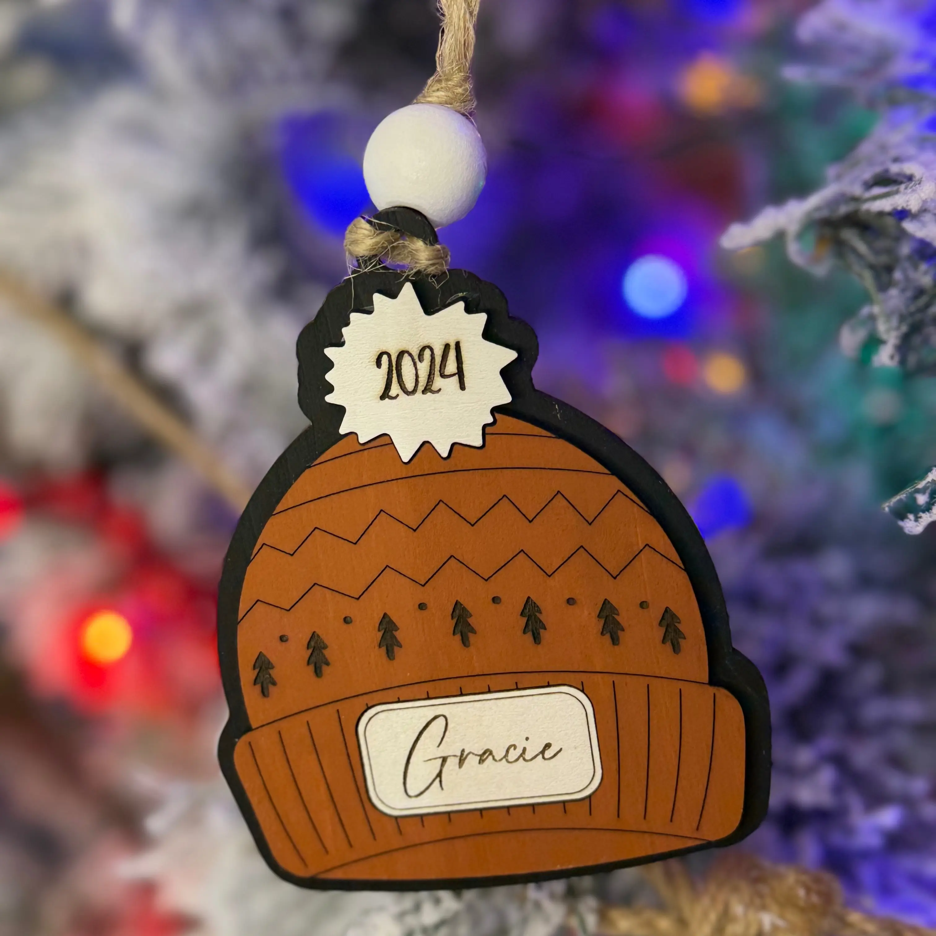 Custom Handmade Rustic Christmas Beanie Hat Ornament with Personalized Names - Farmhouse Style
