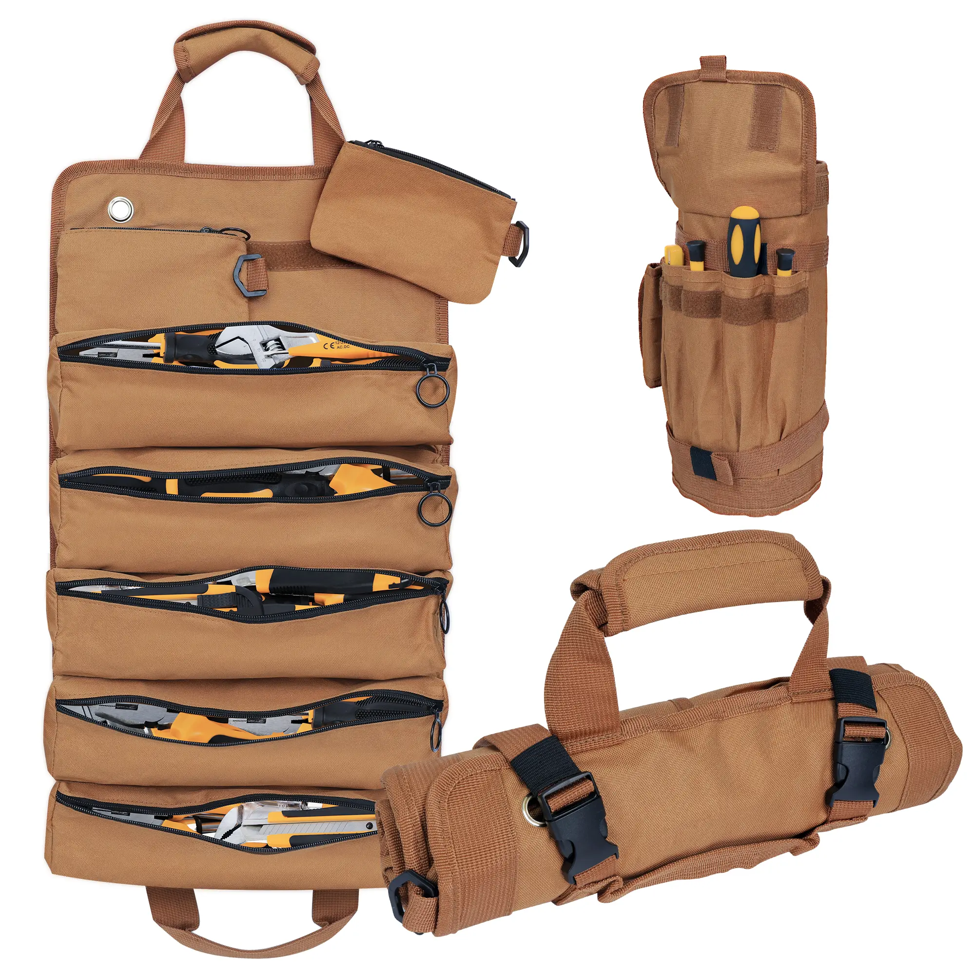RSRYZD Buckle-Locked Roll Tool Organizer, Heavy-Duty Waterproof 900D Oxford Cloth Bag with Portable Roll-Up Design, 5 Compartments, 2 Detachable Pouches, Elastic Loops, Multi-Pockets, Deep Pockets Tame Tool Chaos, Grab Handle for HVAC Technician (in)