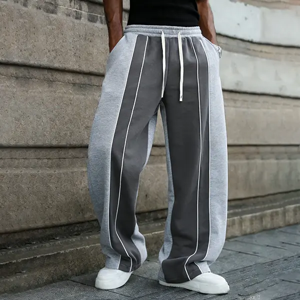 Men's Vintage Colorblock Patchwork Line Design Casual Pants Loose Fit Draped Floor-Length Straight Leg Trousers
