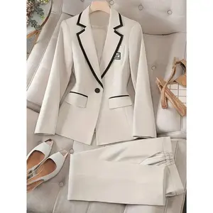 Elegant color blocked slim fit two-piece set, single breasted lapel top and pants, suitable for offices and workplaces - women's professional attire - perfect for business and office wearRAIMENTRY