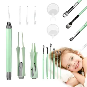 15 Pack Ear Wax Removal Tool Kit with LED Light Family-Friendly Ear Cleaning Set for Kids & Adults Soft Spoon Tweezers Stainless Steel Picks Green