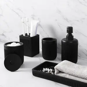 Resin Matte Black Bathroom Accessories Set 5 Pcs, Lotion Soap Dispenser, Toothbrush Holder, Bathroom Tumbler, Qtip Holder and Vanity Tray, Bathroom Countertop Organizer Set for Home Apartment