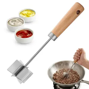 10.6 Inch Stainless Steel Meat Chopper & Masher - Heavy Duty 6 Blades Ground Beef Chopper Tool with Wooden Handle, Heat Resistant Meat Masher, Hamburger Smasher, Potato Masher & Multi-Use Kitchen Tool, Kitchen Gadget