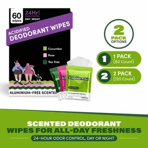 Zero Trace Travel Deodorant Wipes - 60 Count- 24 Hour Odor Control - Aluminum Free Hypoallergenic Mini Deodorant For Women and Men - Individually Wrapped Underarm & Body Wipes- Fresh Botanics Aloe Gentle