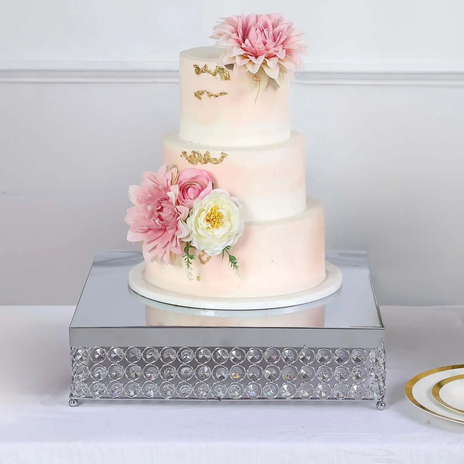 Metal Cake Stand 16" Square Design with Crystal Beads Silver - Dessert Pedestal for Events