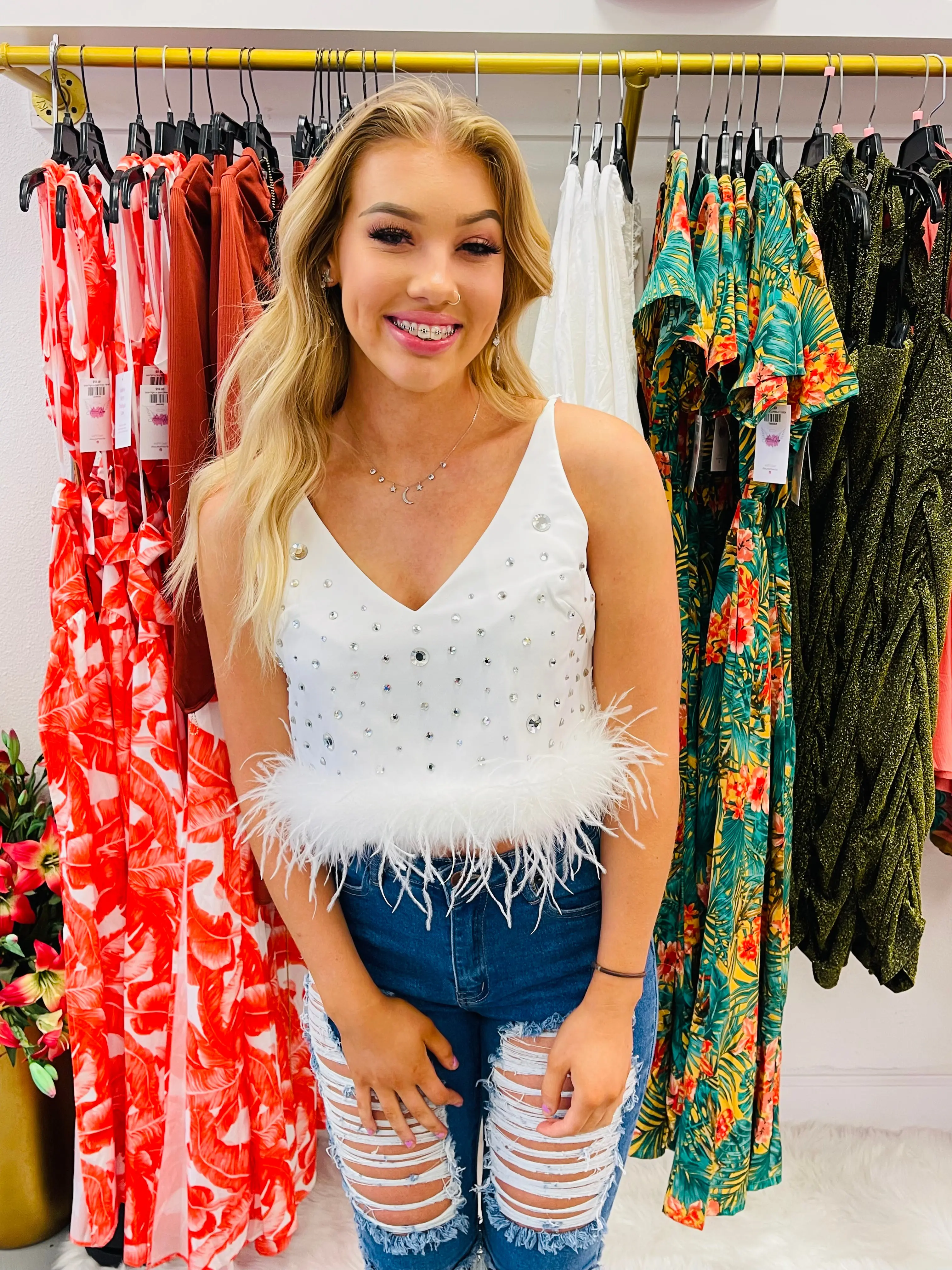Feather Rhinestone Tank Top