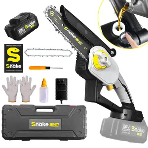 Black Snake Mini Chainsaw, 6-inch handheld electric chainsaw, equipped with two 4000mAh batteries, features an automatic oiler, safety lock, and adjustment-free button, ideal for pruning branches and cutting wood, a perfect gift for both men and women.