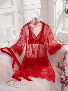 Women's Floral Lace Hollow Out Sexy Lingerie Set, Chic Sheer Robe & Scallop Trim Bra & Bow Front Panty, Comfy Breathable Sexy Lingerie Set for Women, Breathable Lingerie Clothes, Lingerie Underwear Sets