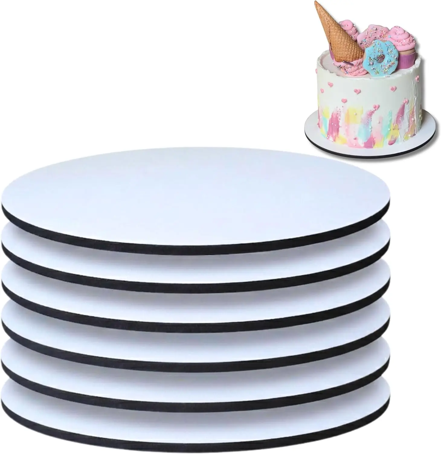 Professional 10" MDF Cake Drums (6 Pack) | 1/4 Inch Ultra-Slim Non-Bending Cake Board Base | Elegant White Top with Matte Black Studio Edges, Reusable & Grease-Proof