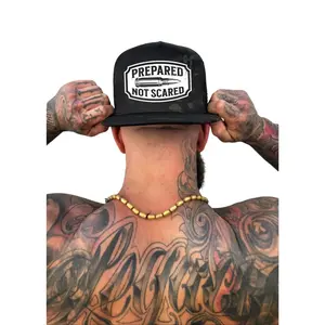 TheDriveClothing Prepared Black Camo Flat Bill Snapback Hat – White Print Trucker Cap, Black Camo Mesh Back Hat, Structured Flat Brim Streetwear Headwear