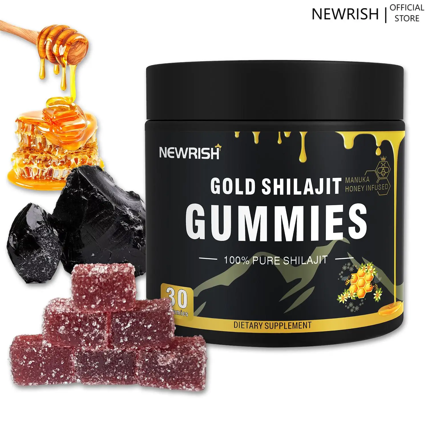 Newrish Pure Shilajit Gummies-Organic ManukaHoney-Boosts Energy and Stamina-Men'sSupplement-Sports and Fitness-30 Gummies 100% Natural