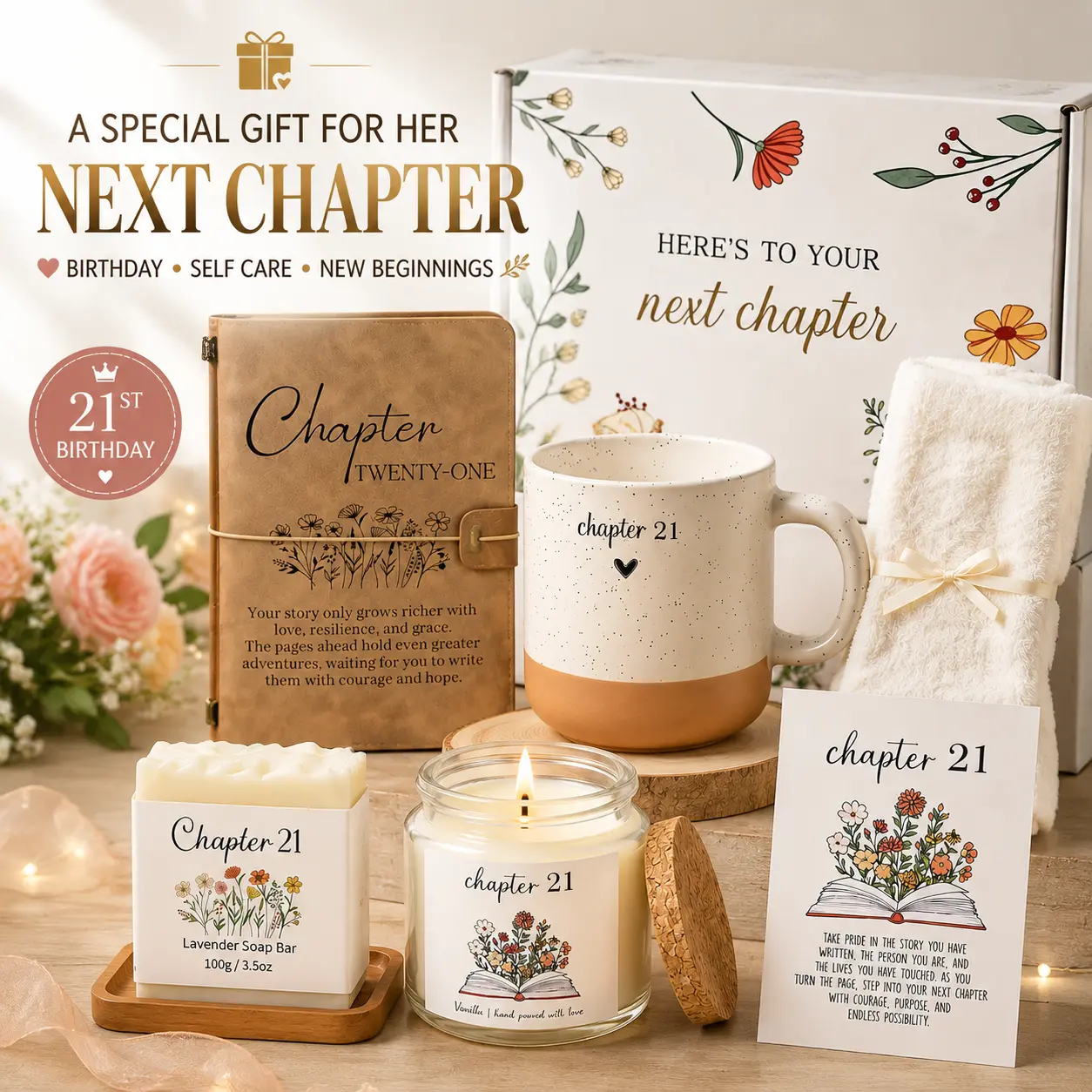 Her Next Chapter Birthday Gift Box A Thoughtful Self Care Keepsake to Celebrate Her Milestone Birthday with Mug Socks Journal Candle Soap Card for Daughter Sister Girlfriend Bestie