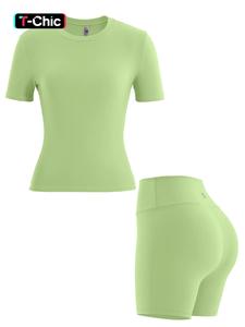 two-piece set women's solid short sleeve tee & high waist shorts tracksuit set, breathable tight-fitting crew neck t-shirt & skinny shorts set for yoga workout running, gym clothing, minimalistic outfit, black girl outfits fall outfits, clothes for women