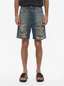 Men's Cotton Indigo Heavyweight Denim Shorts, 5-Inch Menswear Jorts - Summer Vintage Washed Extreme Distressed Ripped, Baggy Loose Straight-Leg, High Street Festival Style, Cotton Fabric (Tee-Inspired Casual Wear Option, Plain & Graphic Design Variations)