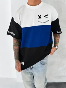 Men's Colorblock Patchwork Short Sleeve T-Shirt, American Street Style Loose Fit, Summer Casual Cotton Round Neck Top