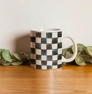 Mackenzie Childs Courtly,Emerald, Gray Malin Ski, Mocha, Red and White Check 11oz, 15oz mug