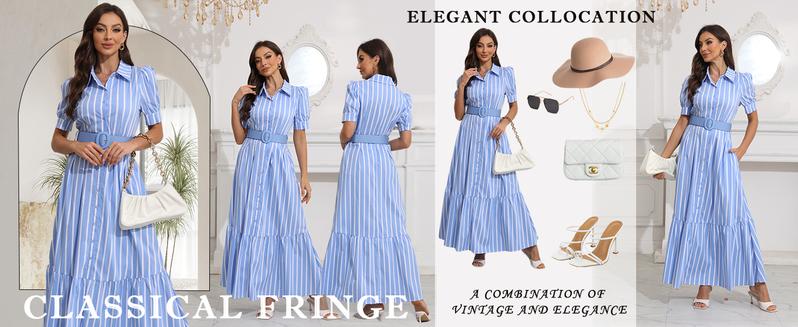 【New Arrival】Ebossy Womens Striped Button Down Shirt Dress Casual Puff Short Sleeve Ruffle Hem Maxi Dresses with Belt