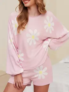 Loose Fit Floral Long Sleeve Knit Top and Short suit, Summer Comfort Essential, Boho Style, Sunflower  Print, Women's knitted long sleeved top with drawstring, women's knitted shorts with drawstring, Two-Piece Set with drawing, Casual Travel