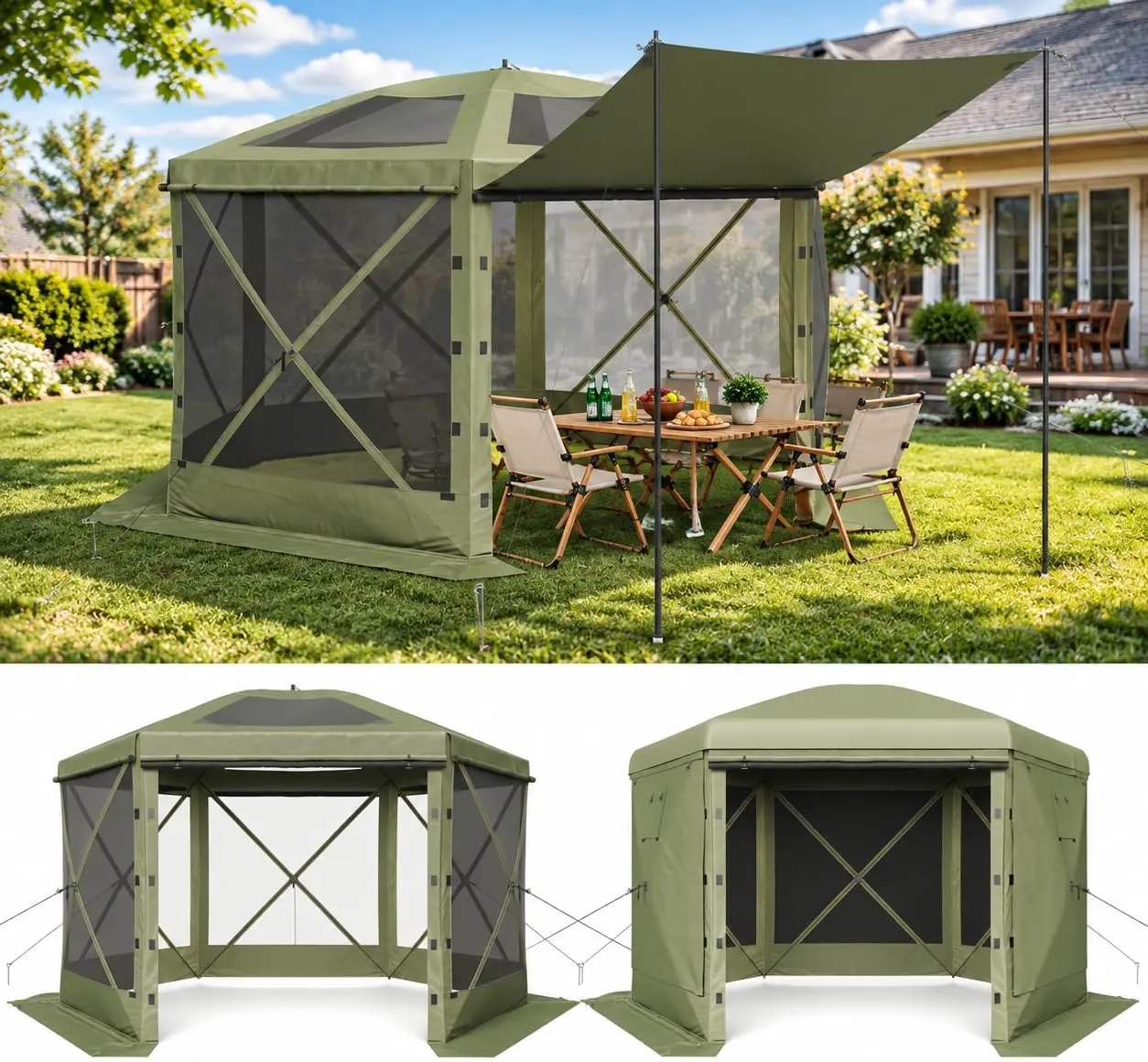 Aoxun 12x12FT Square Pop Up Canopy Tent - 6-Sided Mesh Window Gazebo, Oxford Fabric UV-Protective Water-Resistant Outdoor Shelter with Bag, Stakes, Brown Solar Light Tiki Umbrella | Sunshade Parasols, Canopies & Shade (for Camping, Backyard Awning)