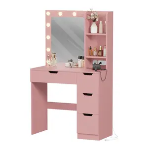 Vanity Desk with 3-Mode Dimmable LED Mirror, 4 Drawers, Power Outlet & USB, Makeup Table for Bedroom/Bathroom