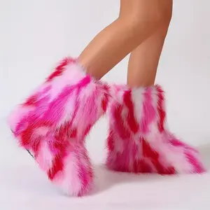Colorful fluffy furry snow boots, fashionable winter thermal slip-on mid-calf boots, trendy comfortable outdoor flat boots