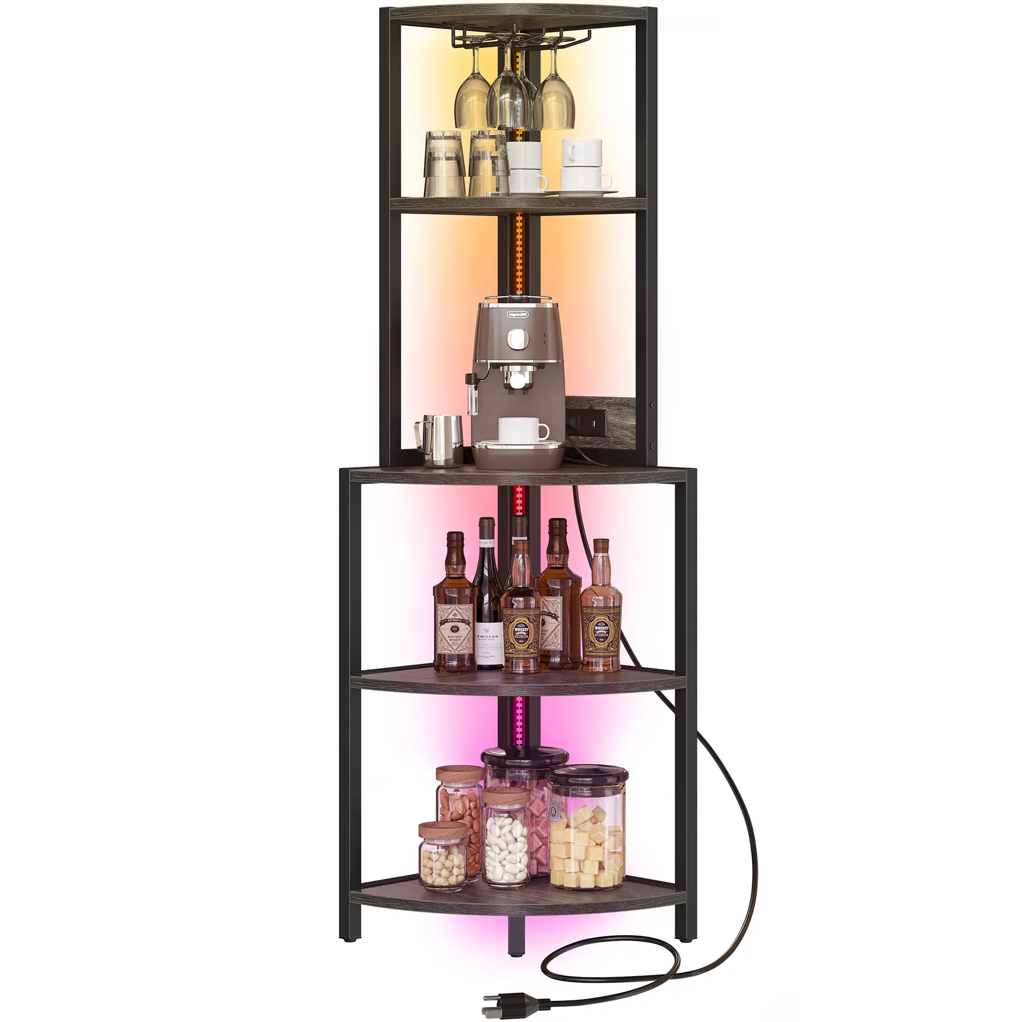 Yitahome Corner Shelf with Power Outlets LED Lights Glass Holder, 5 Tier Corner Bar Rack, Corner Bookshelf Bookcase Display for Living Room, Kitchen