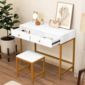 35.4" White and Gold Desk with 2 Drawers, Modern Makeup Vanity with Padded Stool, Small Computer Desk Home Office Desk for Writing Study Bedroom