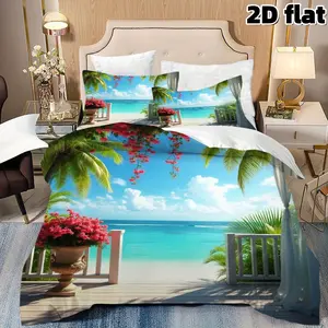 2D Flat 3Pcs Tropical Beach Bedding Ocean View Palm Tree Bougainvillea Floral Duvet Cover Turquoise Blue Sea Summer Vacation Theme Microfiber Bedding Duvet Cover Set for Bedroom Home Decoration Gift