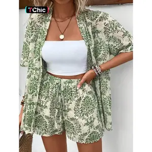 Two-Piece Set Women's Plants Print Top & Elastic Waist Shorts, Casual Short Sleeve Top & Wide Leg Shorts for Holiday Vacation, Ladies Summer Clothes Matching Clothing Set