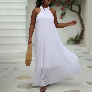 Acelyn Plus Size Dress Womens Casual Sleeveless Solid Color Plus Size Chiffon Halter Neck Pleated Loose Long Maxi Dress