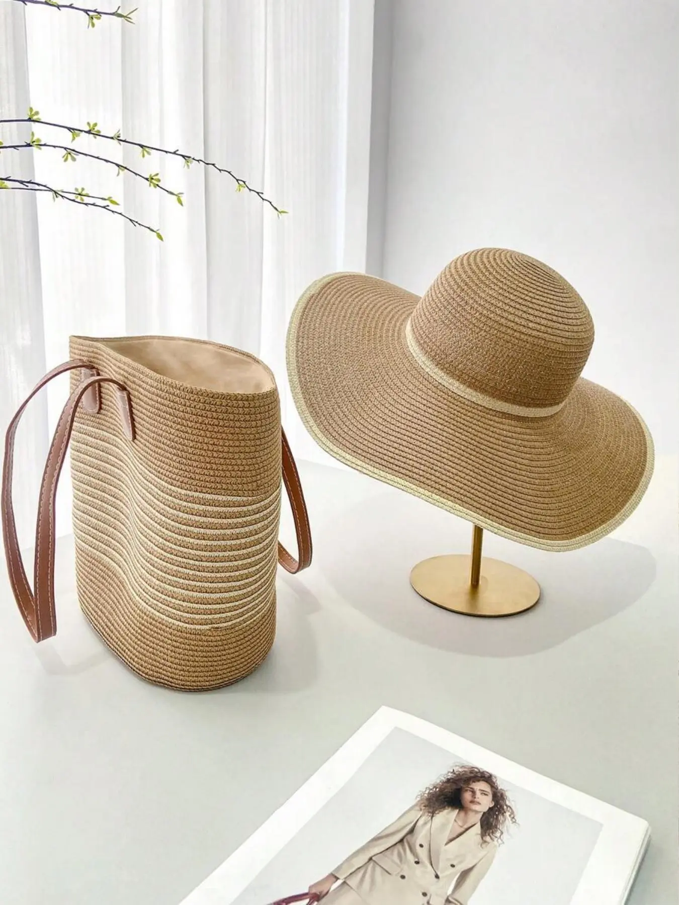 Beach Striped Straw Sun Hat & Handbag Set, Trendy Outdoor Large Capacity Lightweight Multifunctional Tote Bag, Multi-Functional Handbag, Summer Gift, Fashion Accessory