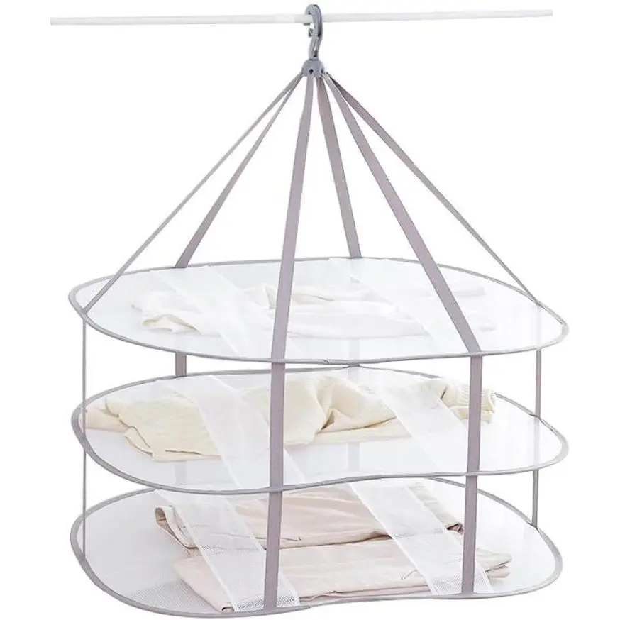 3-Tier Folded Mesh Laundry Hanger Drying Rack with Hook & Circle, 30.3" L x 24.5" W x 30.7" H, Home Laundry Tools & Accessories, Plastic