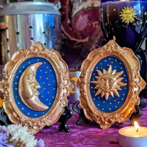 Mini Ornate Gold Sun & Man in the Moon Gold Frame Set, Vintage 90s Celestial Inspired Home Decor, Witchy, 90s Nostalgia, Whimsigoth, Whimsygoth, Crescent Moon, Anthropomorphic Sun & Moon
